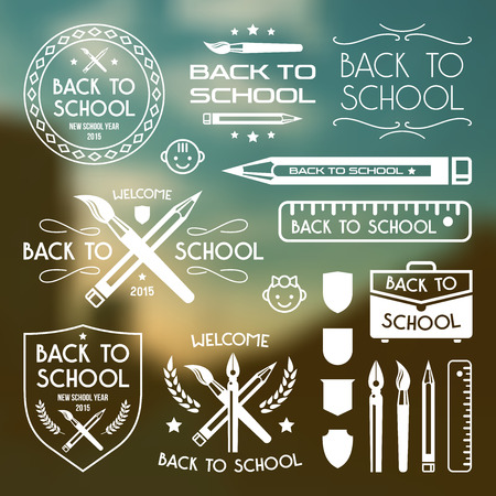 Back to school badges set. White print on blurred backgroundのイラスト素材