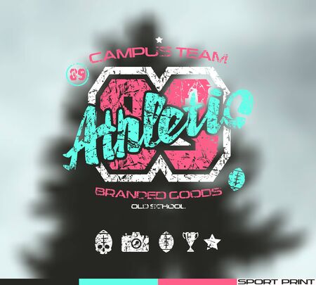 College rugby team emblem in retro style. Graphic design for t-shirt. Color  print on blurred backgroundのイラスト素材