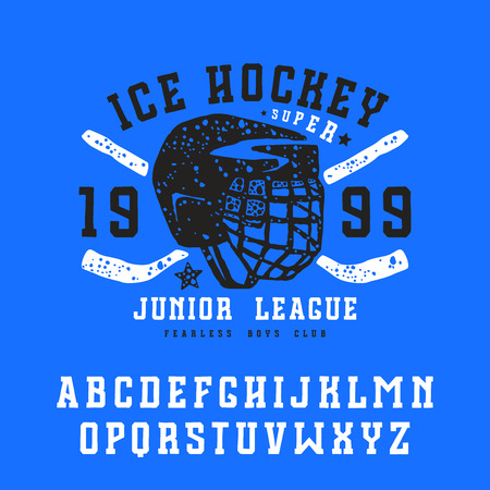 Slab serif font in the style of handmade graphics. Ice hockey club emblem for t-shirt. Print on blue backgroundのイラスト素材