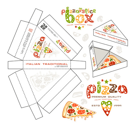 Stock vector design of boxes for pizza slice. Unwrapped box with layout elements and 3d presentationのイラスト素材