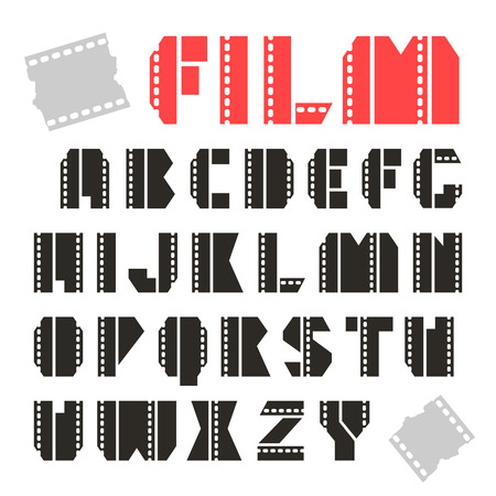 Sans serif decorative font in the form of cinema film. Black and red font on white backgroundのイラスト素材