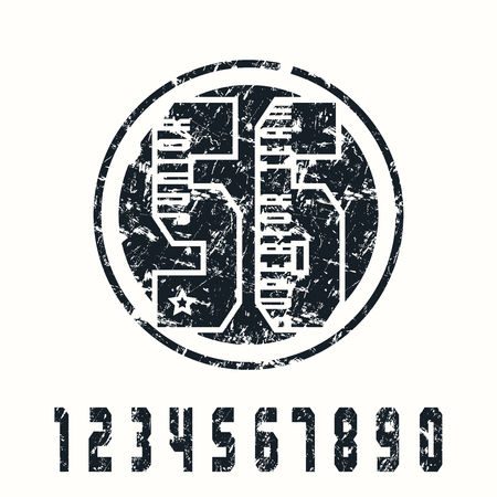 Sport numbers and emblem with texture. Graphic design for t-shirt. Black print on white backgroundのイラスト素材
