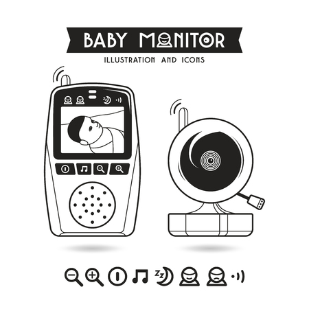 Stock vector illustration of baby monitor and icons. Isolated on white  backgroundのイラスト素材