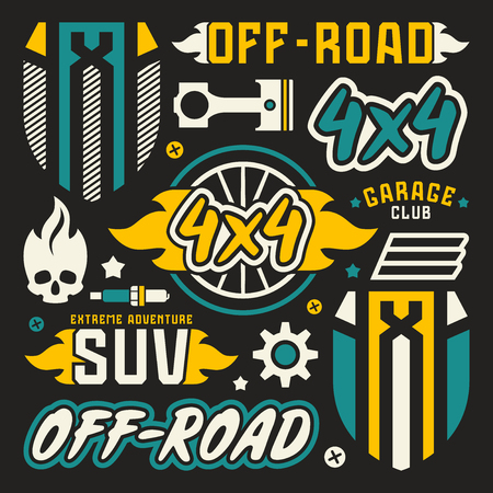 Vinyl stickers and badges for off-road car.のイラスト素材