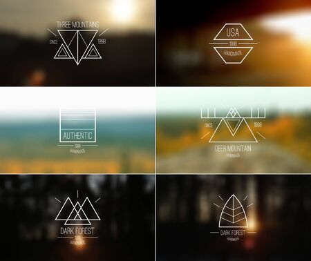 Trendy retro vintage badges in thin line style and card with blurred backgrounds. Autumn colorsのイラスト素材