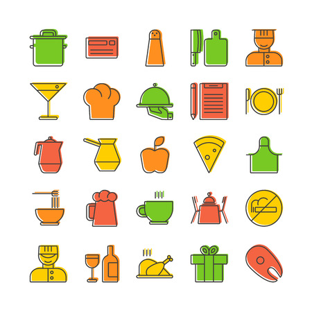 Icon set for restaurant in thin line style with shifted backgrounds. Isolated on white backgroundのイラスト素材