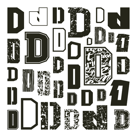 Set versions of letters D in a variety styles. Black print on a white backgroundのイラスト素材