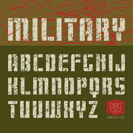 Stencil-plate sans serif font in military style with shabby textureのイラスト素材