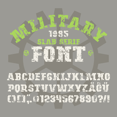 Slab serif font in military style with shabby texture. Bold faceのイラスト素材