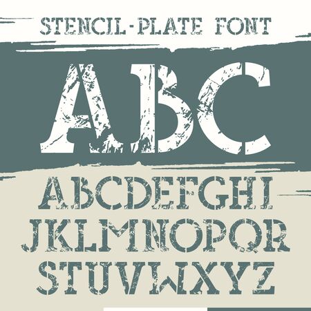 Slab serif stencil-plate font with old metal texture. Print on brushstrokes background.のイラスト素材