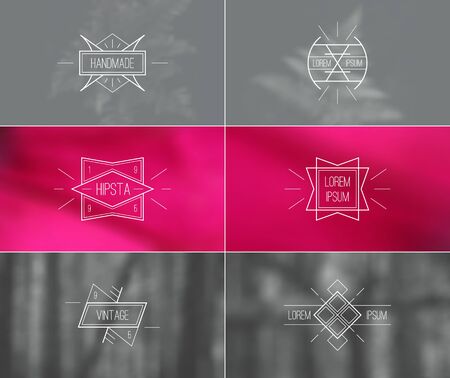 Trendy retro vintage badges in thin line style and card with blurred backgrounds. Pink and grey colorsのイラスト素材