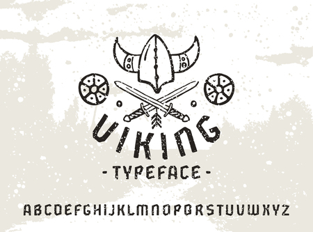 Sanserif font in historical style with texture. Viking typeface. Black print on light texture backgroundのイラスト素材