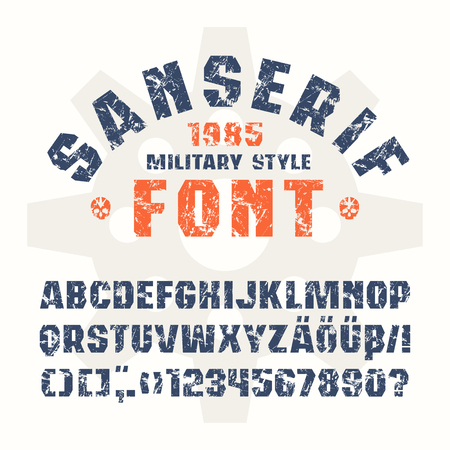 Sanserif  font in military style with shabby texture. Bold face. Color print on white backgroundのイラスト素材