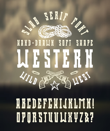 Serif font in the western style with hand-drawn soft shape. Font design for t-shirt. Print on blurred backgroundのイラスト素材