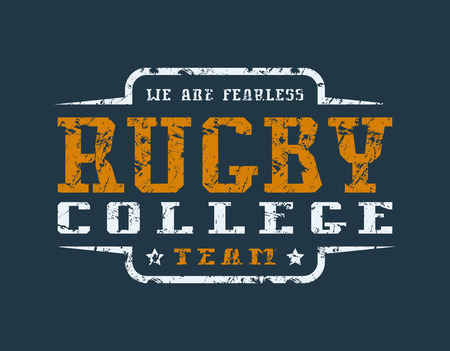 College rugby team emblem with shabby texture. Graphic design for t-shirt. Color print on blackのイラスト素材