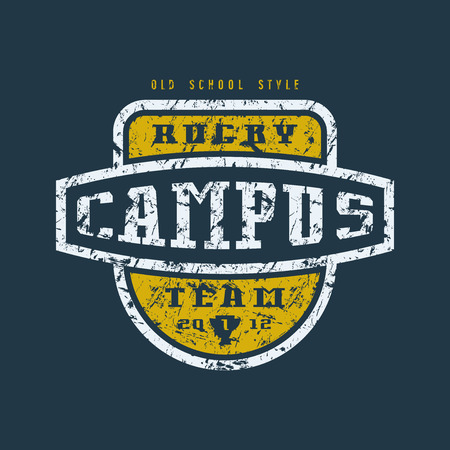 Rugby campus team badge with shabby texture. Graphic design for t-shirt. Color print on black backgroundのイラスト素材