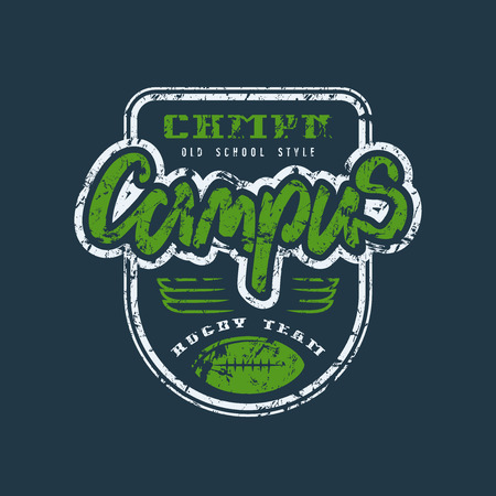 Rugby campus team badge with shabby texture. Graphic design for t-shirt. Color print on black backgroundのイラスト素材