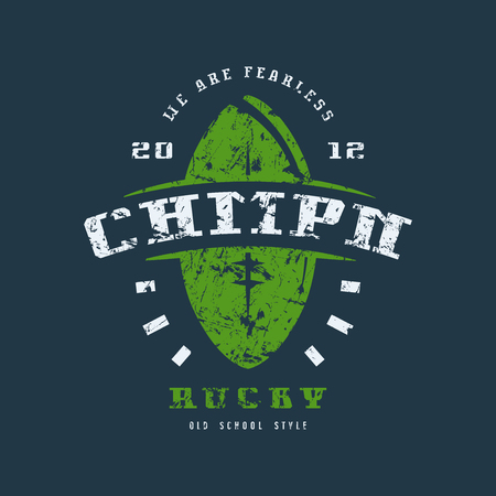 Rugby championship badge with shabby texture. Graphic design for t-shirt. Color print on black backgroundのイラスト素材