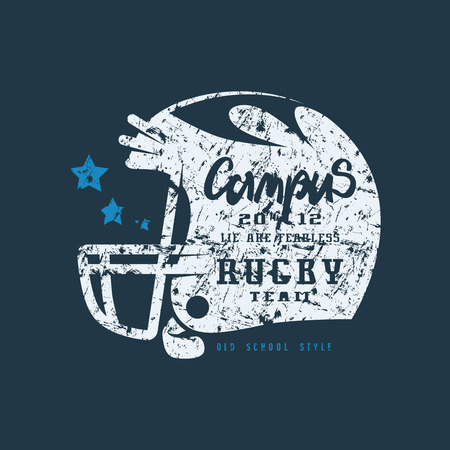Rugby helmet badge with shabby texture. Graphic design for t-shirt. Print on black  backgroundのイラスト素材
