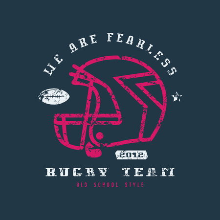 Rugby team badge with shabby texture. Graphic design for t-shirt. Color print on black backgroundのイラスト素材
