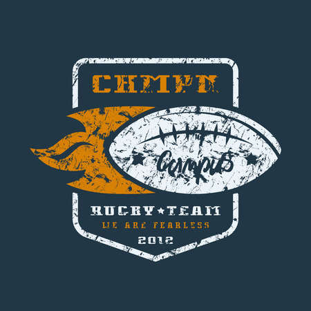 Rugby team badge with shabby texture. Graphic design for t-shirt. Color print on black backgroundのイラスト素材