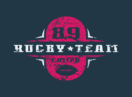 Rugby team emblem with shabby texture. Graphic design for t-shirt. Color print on black backgroundのイラスト素材