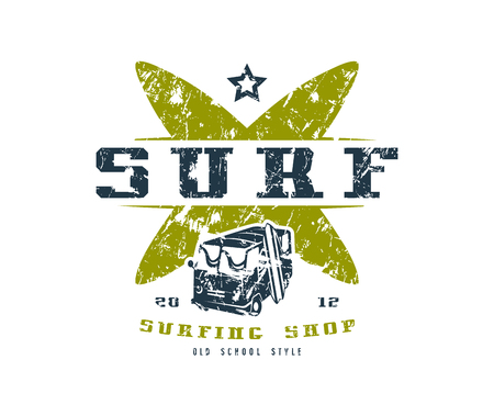 Surfing shop emblem. Graphic design for t-shirt. Color print on white backgroundのイラスト素材