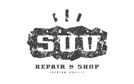 Car service badge with shabby texture. Graphic design for t-shirt. Black print on white backgroundのイラスト素材