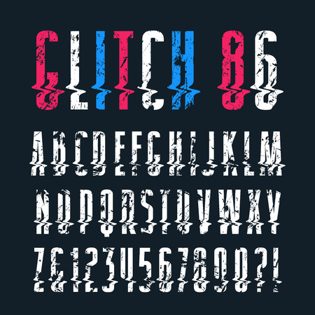 Decorative sanserif font with glitch distortion effect. Isolated on black backgroundのイラスト素材
