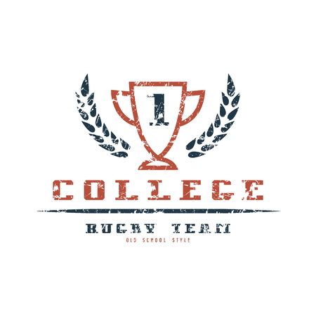 College rugby team badge with shabby texture. Graphic design for t-shirt. Color print on white backgroundのイラスト素材