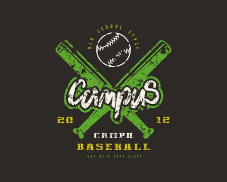 Emblem of baseball campus team. Graphic design for t-shirt. Color print on black backgroundのイラスト素材