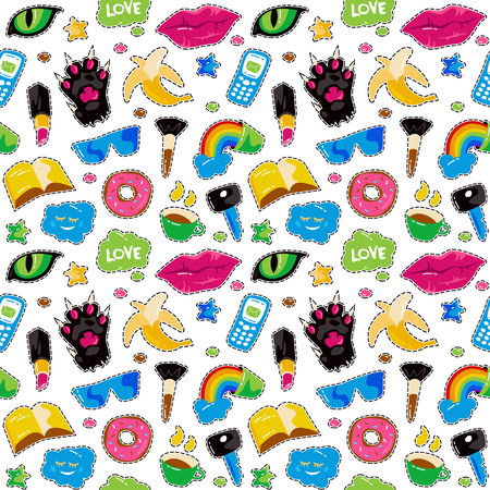 Seamless pattern with fashion patch badges. Lips, cat paw, cat eye and other elements. Colorful graphics in hand drawings styleのイラスト素材