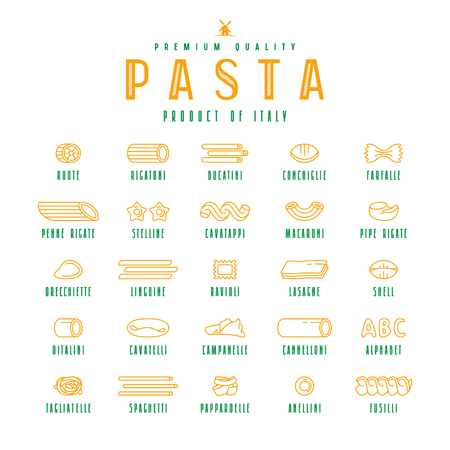 Set of icons varieties of pasta. Design elements in thin line style. Isolated on white backgroundのイラスト素材
