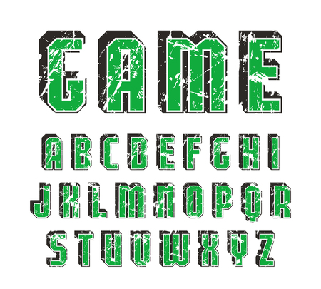 Decorative sanserif font with effect of volume. Letters with shabby texture. Color print on white backgroundのイラスト素材