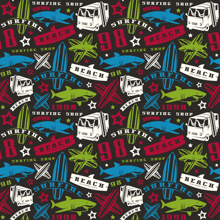 Surfing seamless pattern. Color print on black backgroundのイラスト素材