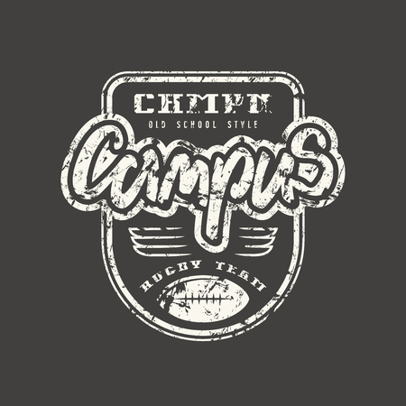 Rugby campus team badge with shabby texture. Graphic design for t-shirt. White print on black backgroundのイラスト素材