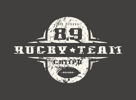 Rugby team emblem with shabby texture. Graphic design for t-shirt. White print on black backgroundのイラスト素材