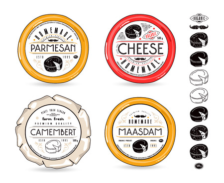 Set of template labels for cheese and design elements. Round labels for camembert, maasdam and parmesan cheeses with white backgroundのイラスト素材