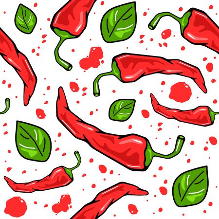Hot pepper seamless pattern. Design elements in flat style with black contour. Color print on white backgroundのイラスト素材