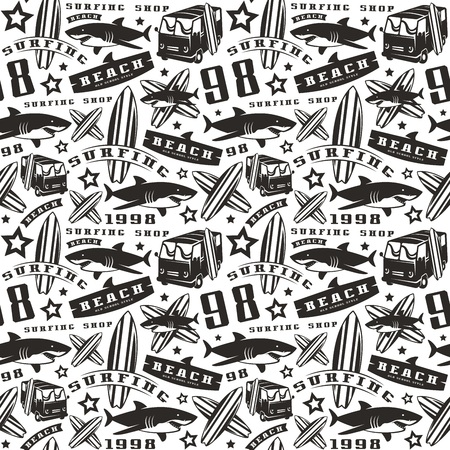Surfing seamless pattern. Black print on white backgroundのイラスト素材