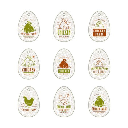 Chicken farm tag in the form of eggs. Tag with egg pattern background. Color labelsのイラスト素材