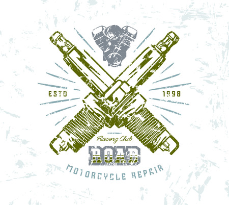 Motorcycle repair emblem. Graphic design for t-shirt with image of spark-plug. Color print on white backgroundのイラスト素材