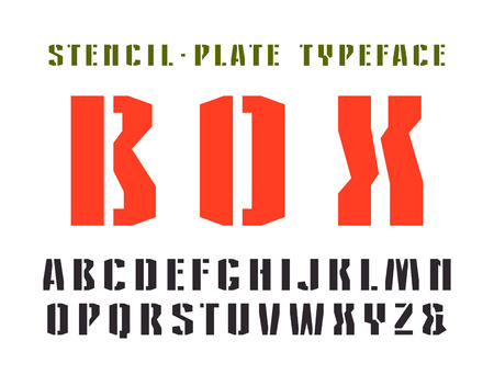 Narrow stencil-plate sanserif font in military style. Isolated on white backgroundのイラスト素材
