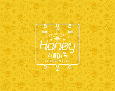 Natural linden honey seamless pattern and template label. White print on yellow pattern backgroundのイラスト素材