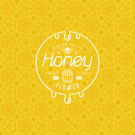 Label for honey and flower seamless pattern. White print on yellow pattern backgroundのイラスト素材