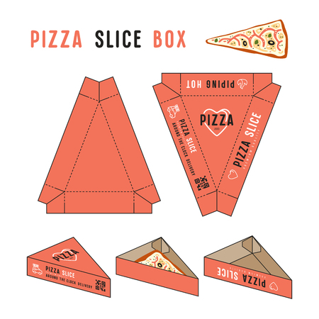 Stock vector design of box for pizza slice. Color unwrapped box with layout elements and 3d presentationのイラスト素材