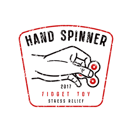 Hand spinner emblem. Image of hand holding fidget toy. Graphic design for t-shirt. Color print on white backgroundのイラスト素材