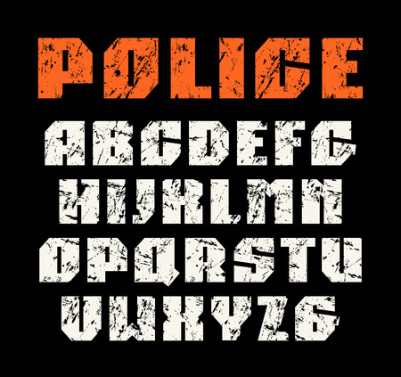 Sanserif font in military style. Letters with shabby texture. Print on black backgroundのイラスト素材