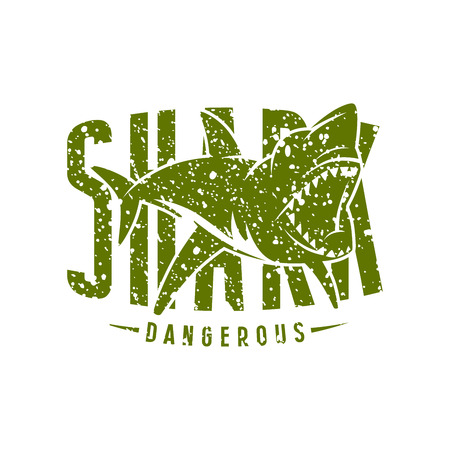 Shark dangerous emblem. Graphic design for t-shirt. Green print on white backgroundのイラスト素材