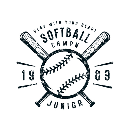 Emblem of softball junior team. Graphic design for t-shirt. Black print on white backgroundのイラスト素材